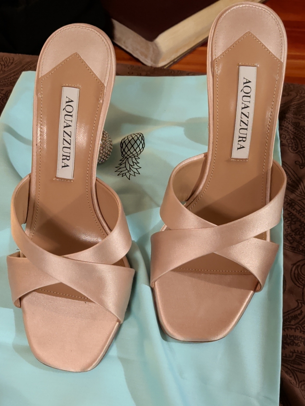Aquazzura Blush Satin Crisscross Mule Heels
